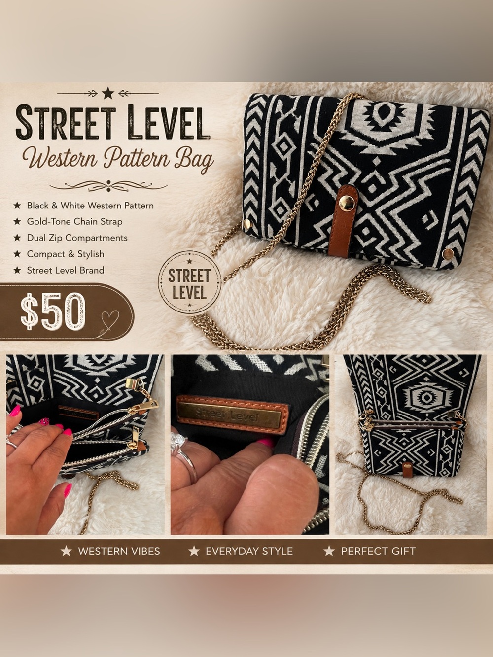 Street Level Black & White Aztec Print Chain Crossbody Bag